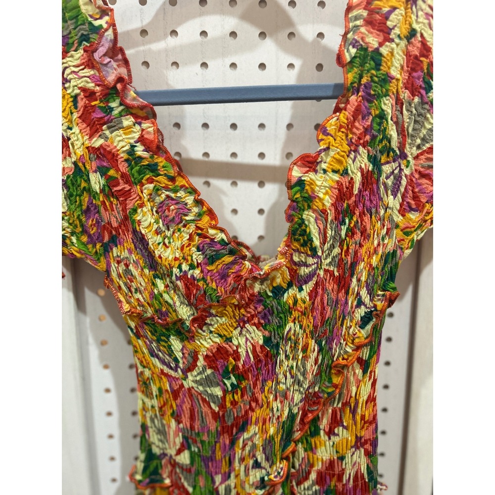 Luna‎ Llena Smocked Floral Maxi Dress Off Shoulder Ruffle V Neck Bohemian M - Picture 6 of 8
